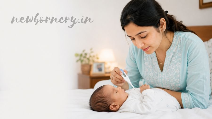 Newborn Temperature check karti Indian mother — digital thermometer se